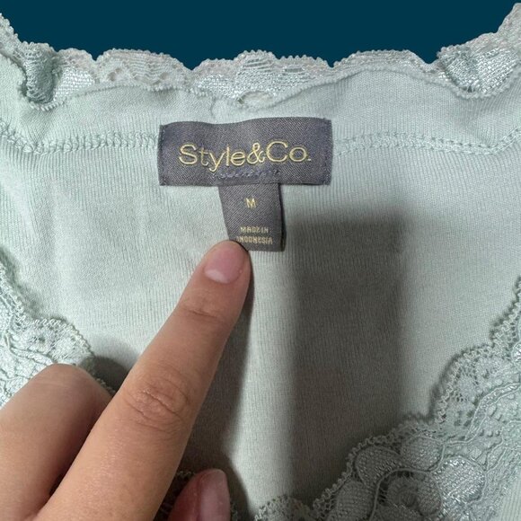 Style & Co Mint Green Lace Trim Tank Top Soft Cotton V-Neck Size Medium - Picture 7 of 9